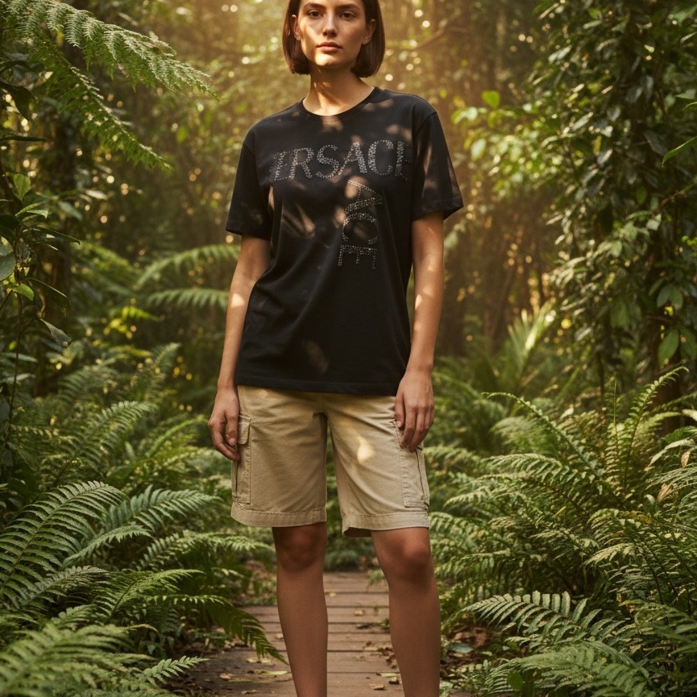 NWT Versace Black Short Sleeve Tee with Crystal Logo